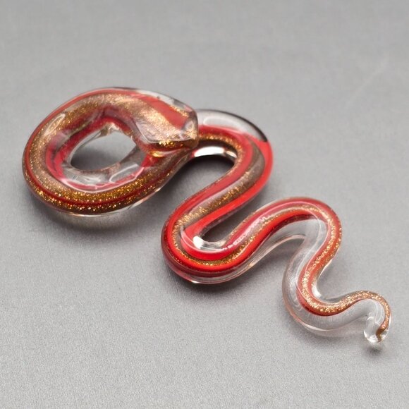 Artisan Made Glass Snake Pendant 2.5" Red w/ Gold Sparkle Sculptural Bail - Picture 3 of 7
